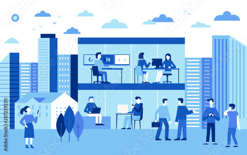 Vector illustration in flat simple style with characters - city landscape and coworking center with people working at the computers