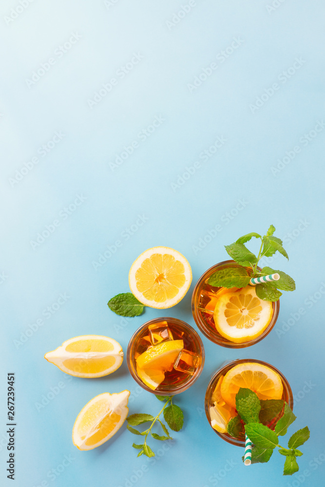 Iced tea with lemon slices, mint and ice Iced tea with lemon slices, mint and ice