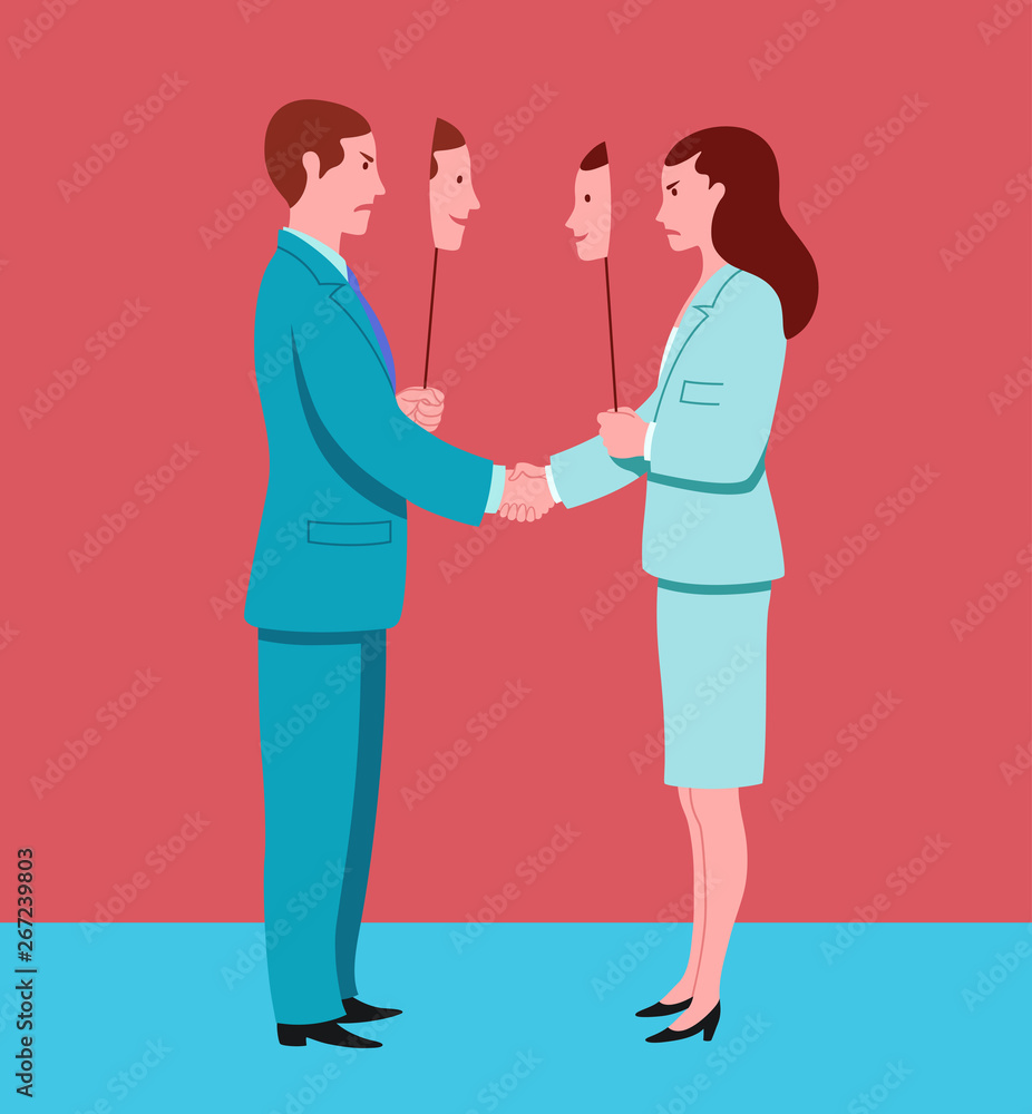 Business man and woman shaking hands pretend to agree and hide mutual hostility. Conceptual illustration representing insincerity in workplace Business man and woman shaking hands pretend to agree and hide mutual hostility. Conceptual illustration representing insincerity in workplace