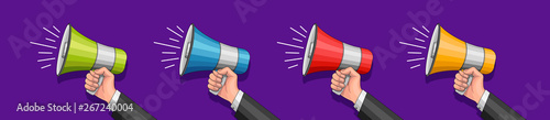 Loudspeaker in a man hand. Alert, announcement, warning, advertising concept.
