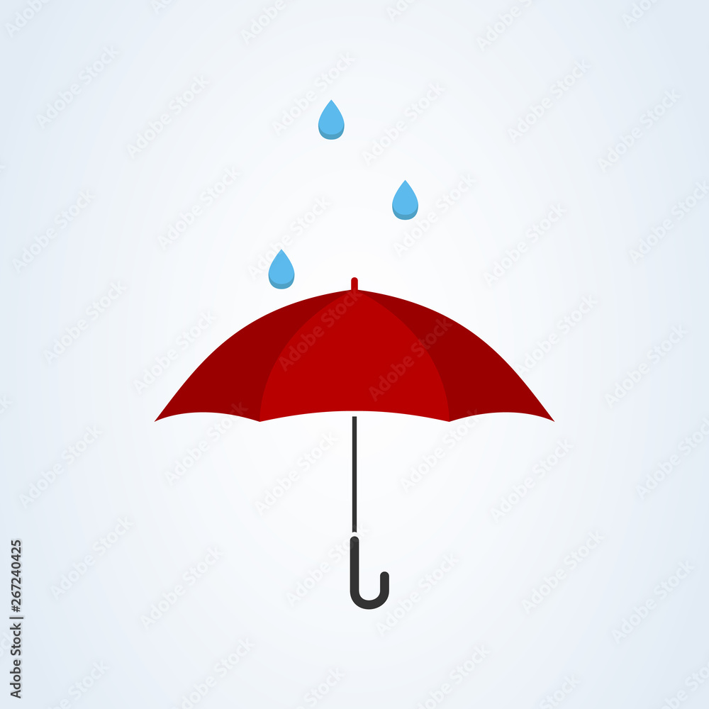 Red umbrella with rain flat style. illustration icon isolated on white background.