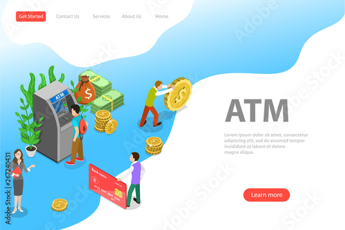 Isometric flat vector landing page template of ATM, bank card.
