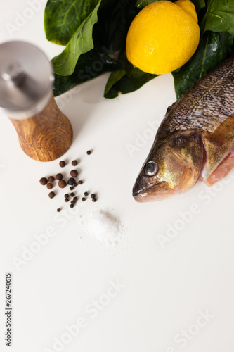 Raw Ingredients for a fresh Dish of Perch  Spinach  Lemon and Spices - Top Shot