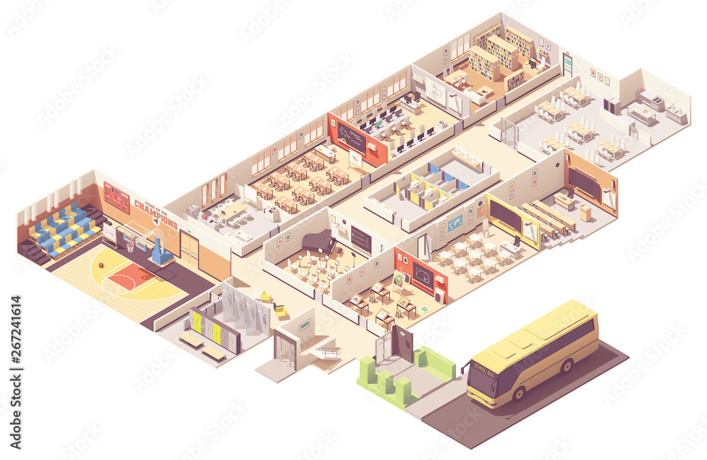 Vector isometric school building cross-section