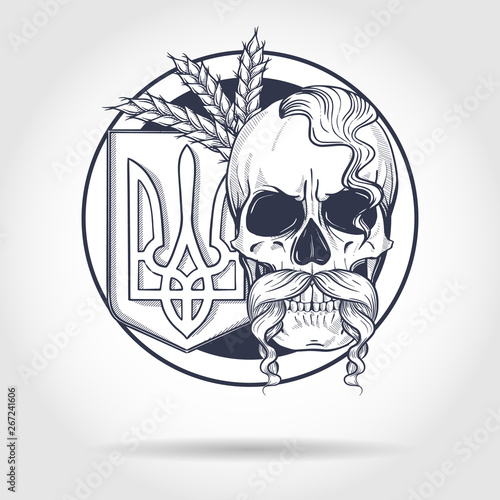 Hand drawn sketch, skull with Ukrainian national emblem, mustaches, oseledets hairstyle, spikes of wheat. Poster, flyer design