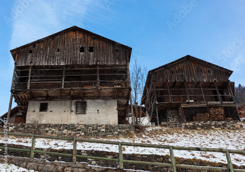 Traditional Wooden Houses in the Italian Dolomites Village of Alleghe, Italy
