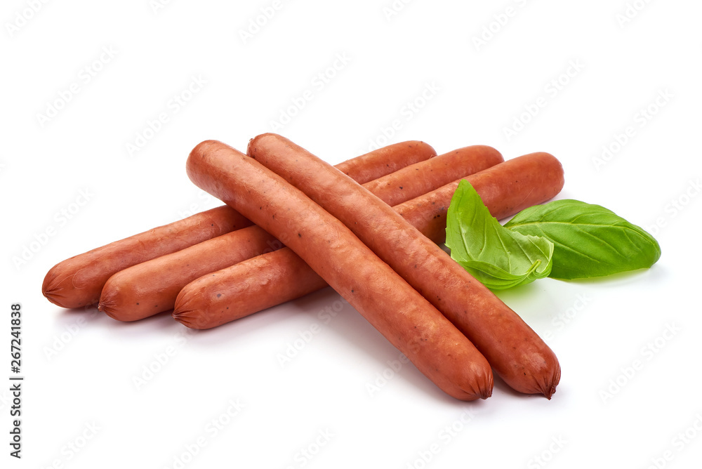 Thin Smoked Sausages with basil leaves, close-up, isolated on white background Thin Smoked Sausages with basil leaves, close-up, isolated on white background