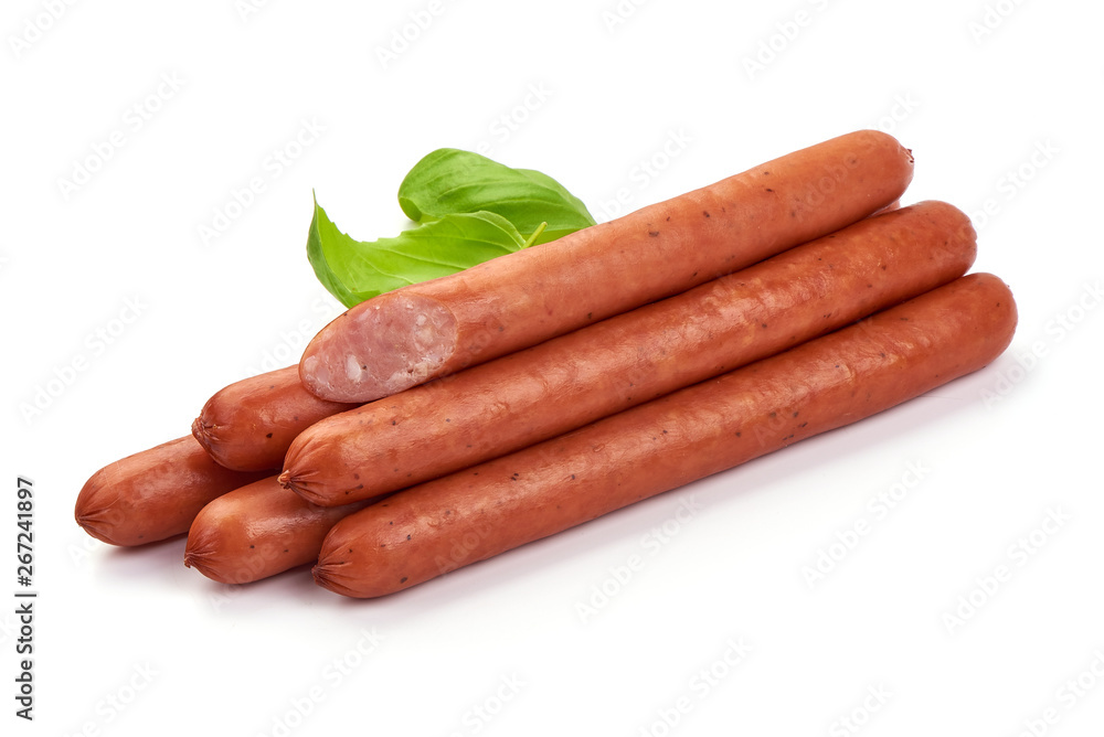Smoked Pork Sausages with basil leaves, close-up, isolated on white background Smoked Pork Sausages with basil leaves, close-up, isolated on white background