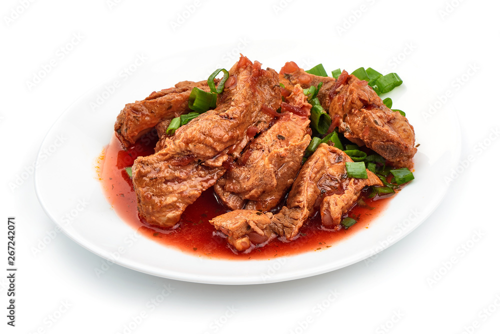Pork ribs stew, home cooking, close-up, isolated on white background