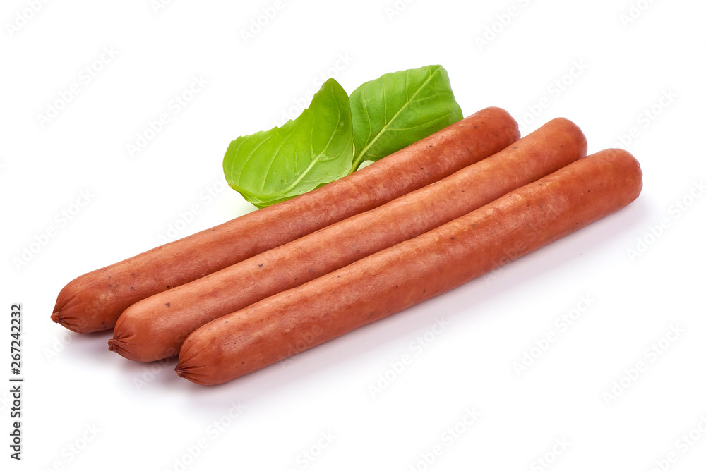 Smoked Pork Sausages with basil leaves, close-up, isolated on white background Smoked Pork Sausages with basil leaves, close-up, isolated on white background