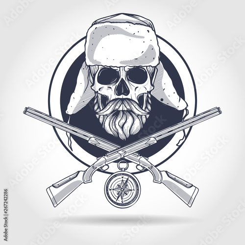 Sketch, skull with beard and mustaches, hat with ear flaps, rifles and compass