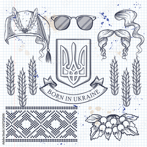 Hand drawn sketch, Ukrainian ethnic features on a notebook page