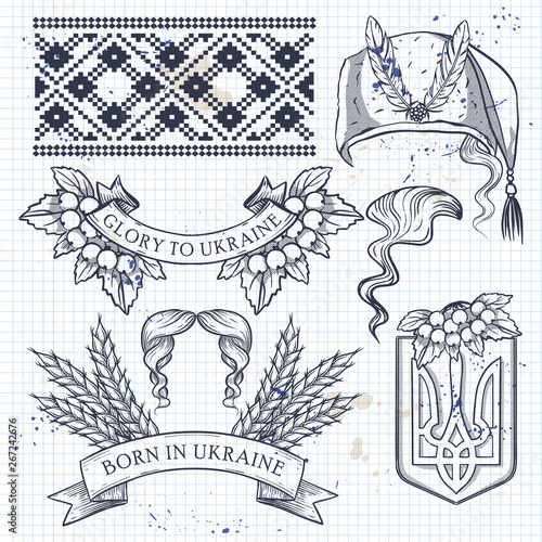 Hand drawn sketch, Ukrainian ethnic features on a notebook page