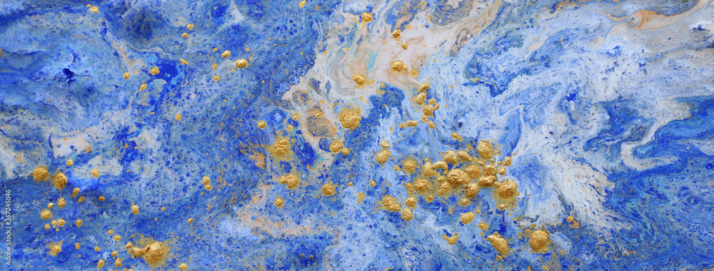 Abstract marbleized effect background. Blue creative colors. Beautiful paint with the addition of gold. banner