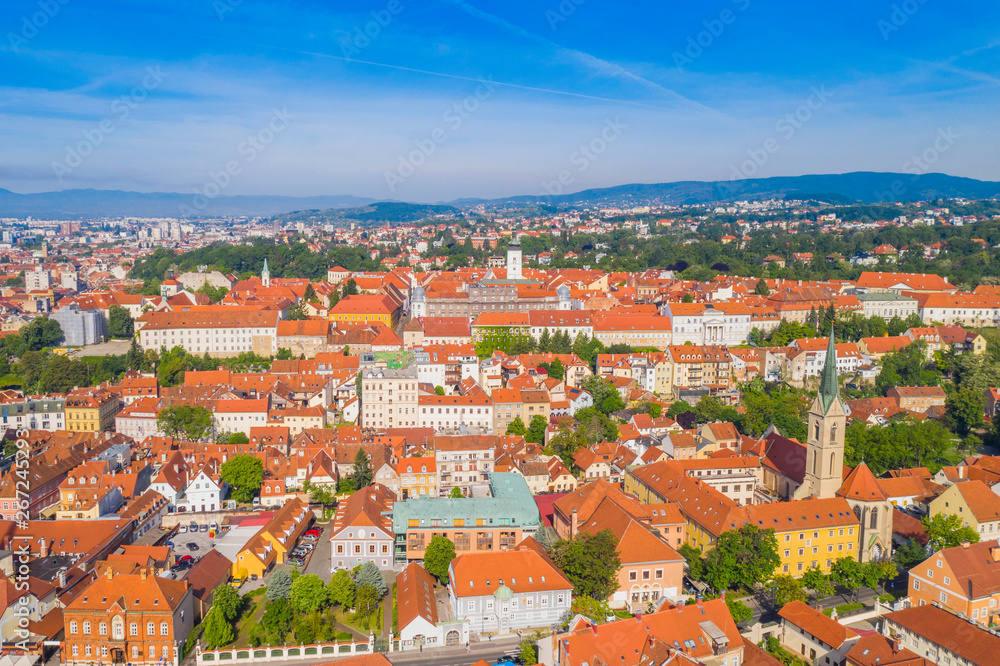 Zagreb, Croatia, panoramic view on Upper town and city center from drone, popular tourist destination