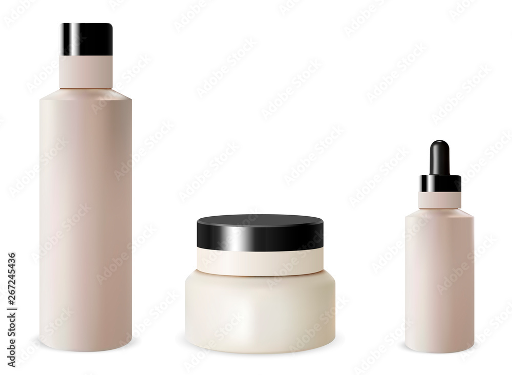 Cosmetic Bottle Set. Cream Jar, Dropper, Shampoo package Blank, Isolated on Background. Realistic Beauty Container. 3d Round Tubular Packaging. Cosmetic Bottle Set. Cream Jar, Dropper, Shampoo package Blank, Isolated on Background. Realistic Beauty Container. 3d Round Tubular Packaging.