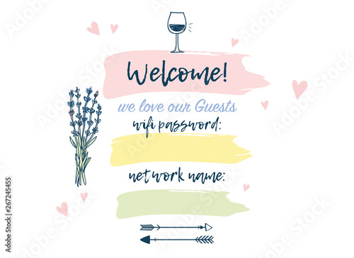 Welcome guests sign hand drawn, wifi password, lettering, wedding, booking. Lavender vector illustration