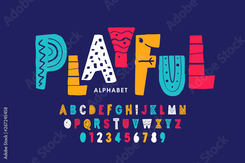 Playful style font design, childish alphabet letters and numbers