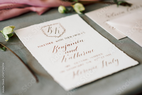 New, fashionable invitations and wedding menus. Nominal invitations. Flowers, print iconvert with a wedding invitation.