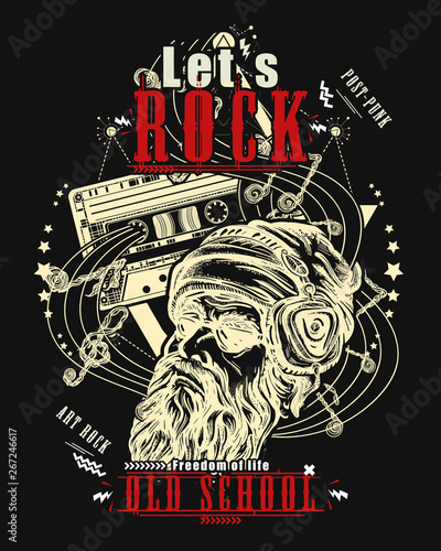Rock music print. Audio cassette and bearded hipster. Let's Rock slogan. Musical vector art, t-shirt design