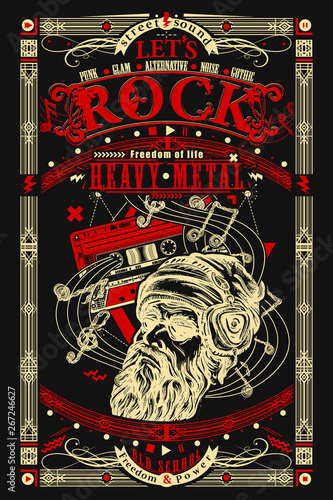 Rock music print. Bearded man and old audio cassette. Let's Rock slogan. Musical old school art, t-shirt design