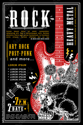 Rock festival design template. Electro guitar and skull. Heavy metal