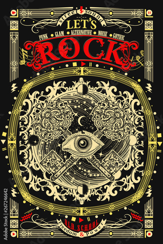 Rock music print. All seeing eye and keys. Let's Rock slogan. Musical vector art, t-shirt design