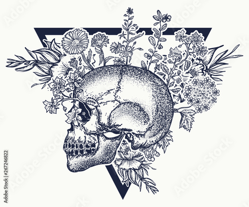 Human skull and herbs, tattoo and t-shirt design