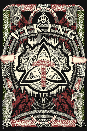 Thor hammer, dragons and sword. Helm of Awe. Celtic pagan print. Viking slogan. Northern celtic mythology art, t-shirt design