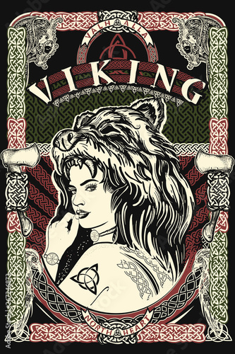 Celtic print. Viking slogan. Barbarian woman warrior in skin of bear.  Northern celtic mythology art, t-shirt design