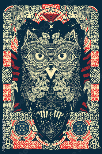 Celtic owl. Northern mythology celtic ornaments art, t-shirt design