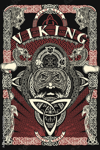 Celtic print. Barbarian warrior head. Viking slogan. Northern celtic mythology art, t-shirt design