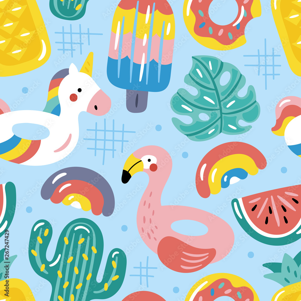 Naklejka premium Seamless pattern for summer with cute pool floats.