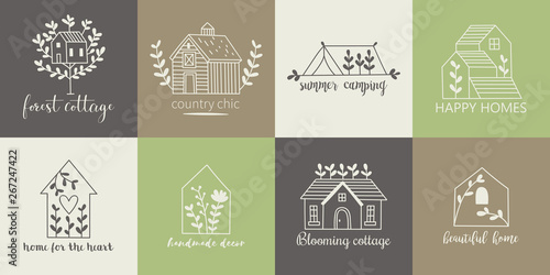 House, home, cottage and farm logo template with hand drawing icons