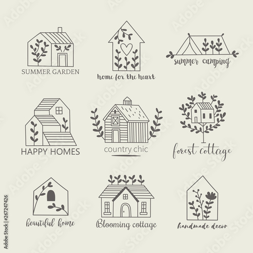 Foto House, home, cottage and farm logo template with hand drawing icons