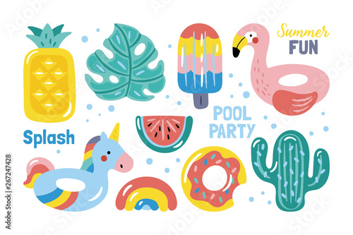 Summer pool floats cute elements set.
