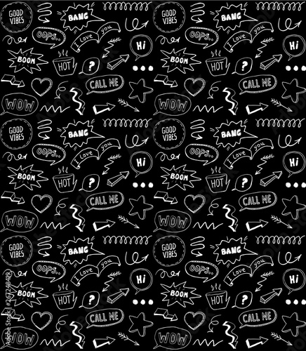 Seamless pattern with speech bubbles and comic style elements, hand drawn vector illustration