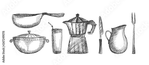 Vector hand drawn collection of kitchen utensils, rough line graphic symbols