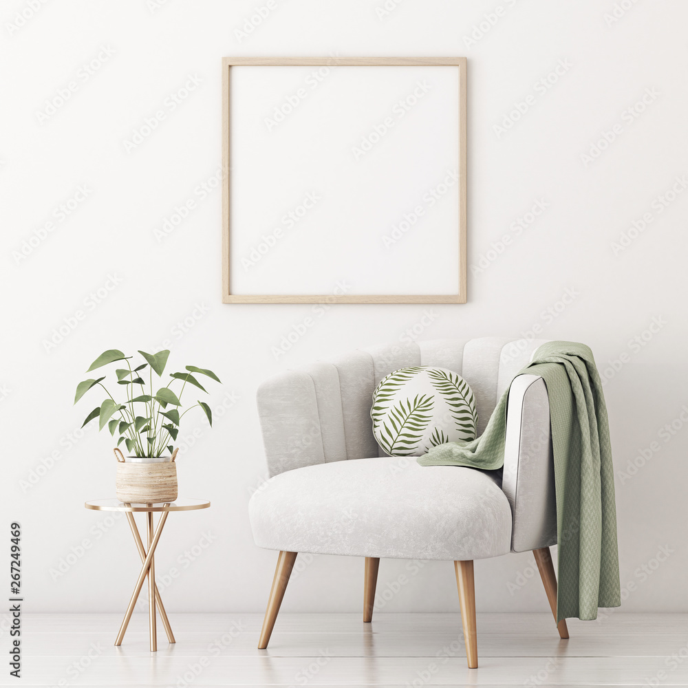 Poster mockup with square frame on empty white wall in living room ...