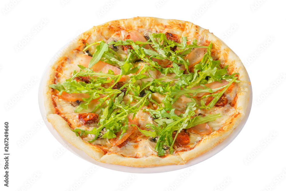 Pizza with arugula, dried tomatoes and mushrooms whole round, cut into pieces, on a white isolated background, side view