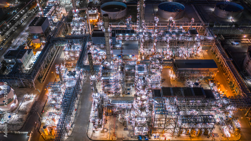Aerial view oil refinery, refinery plant, refinery factory at night.