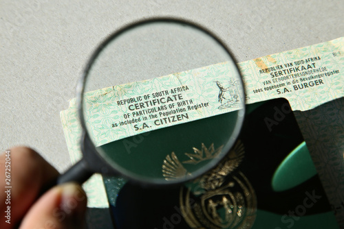 A South African birth certificate and Identity document. Home affairs concept image. 