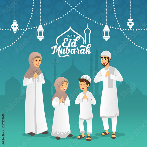 Eid mubarak greeting card. Cartoon muslim family blessing Eid al fitr on blue background. vector illustration
