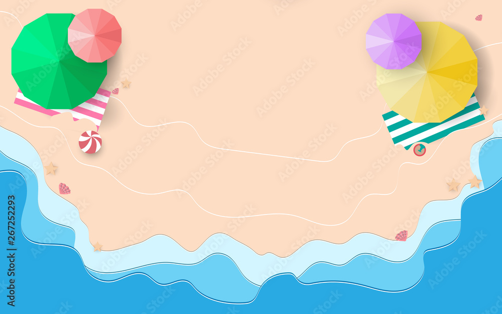 Top view of Beach sand and blue oceans with umbrellas, starfish background. Illustration vector