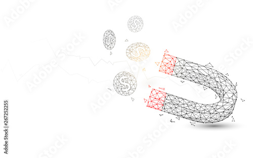 Magnet attracting coins from lines, triangles and particle style design. Illustration vector