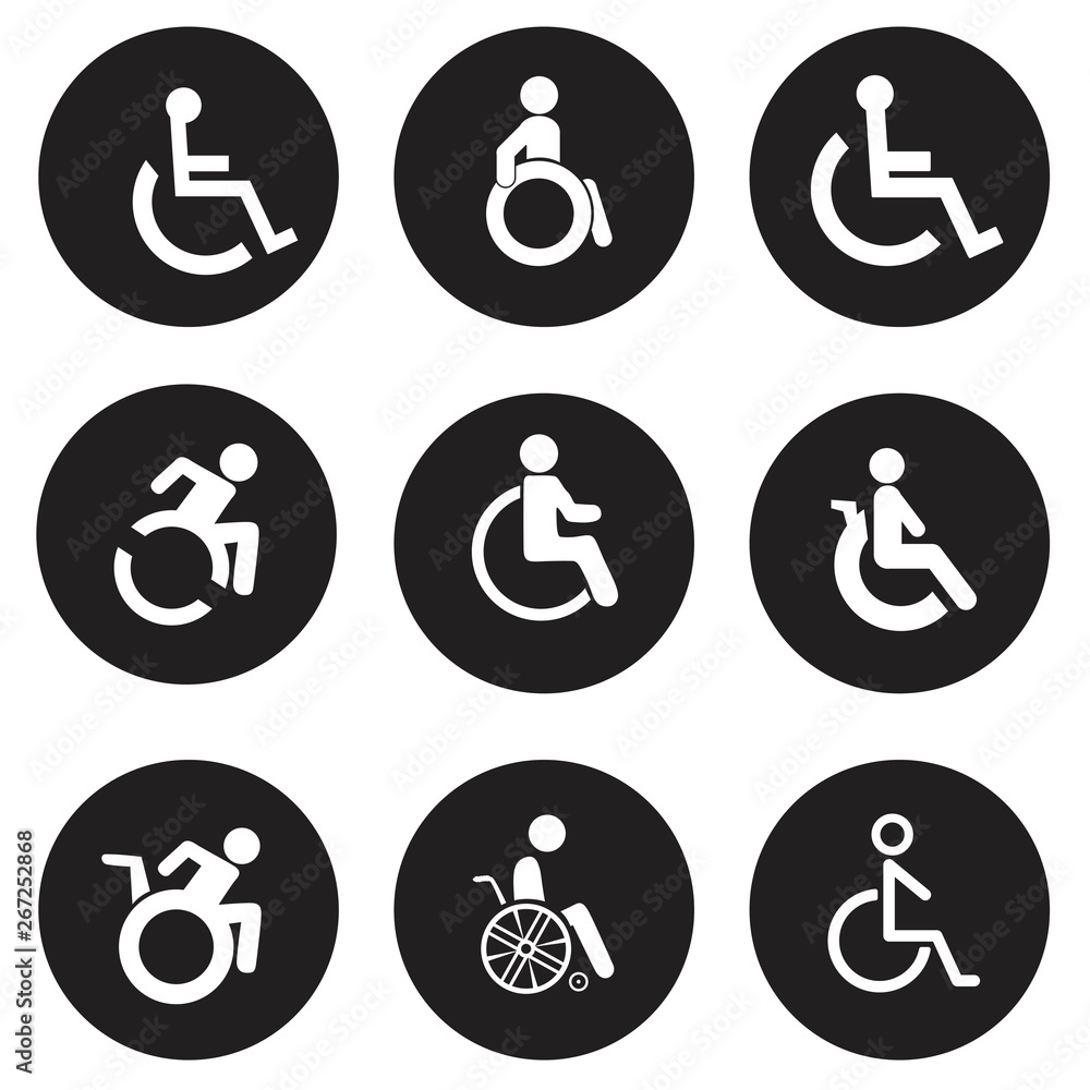 Set of disability people pictograms flat icons isolated on white background Set of disability people pictograms flat icons isolated on white background