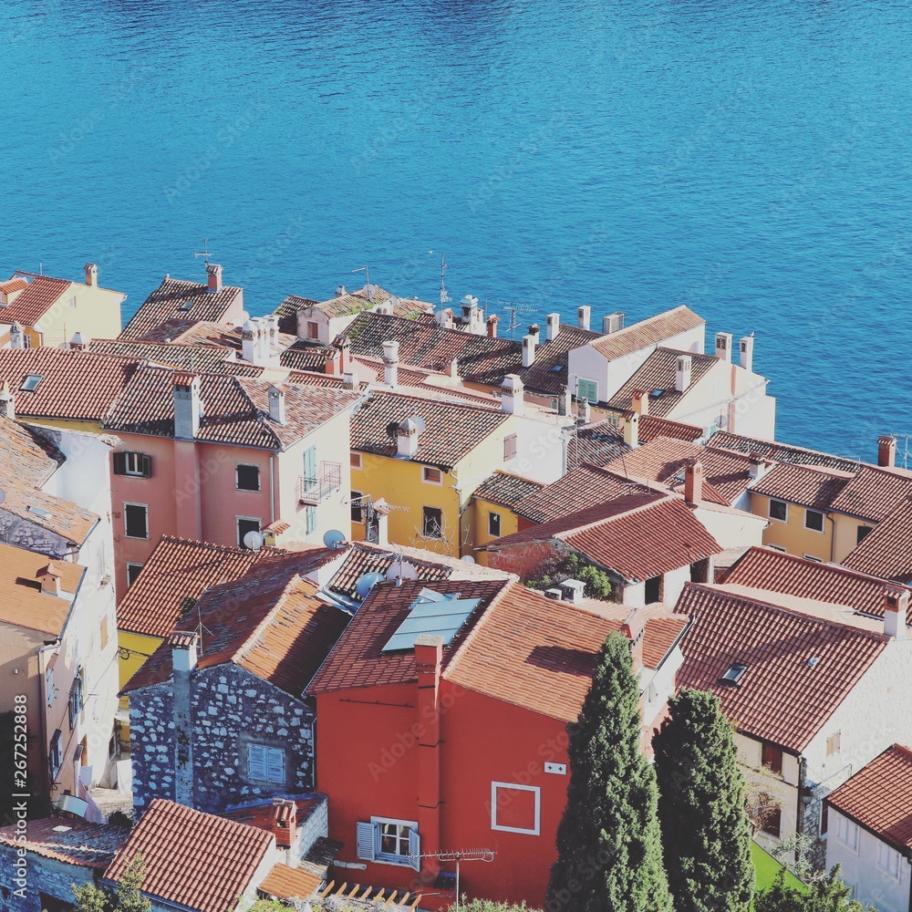 Sea and rooftops view from church tower over Rovinj in Istria Croatia