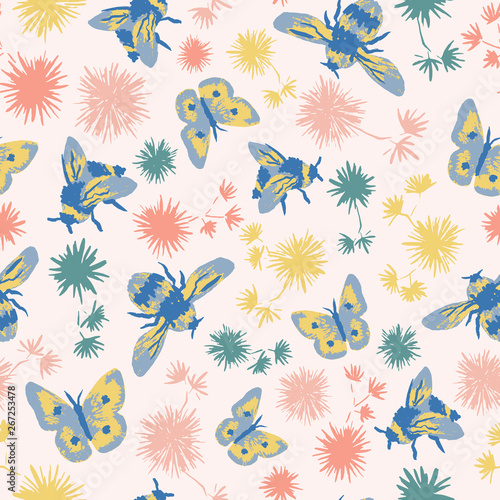 Vector bees and flowers seamless pattern. Cute background perfect for gift wrapping  birthday party and wallpaper.