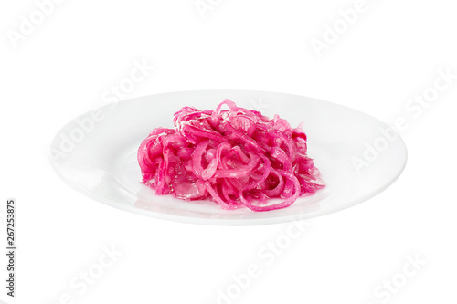 Snack pickled onion red on plate, aperitif before alcohol, during kebab, shashlik or barbecue, white isolated background, side view