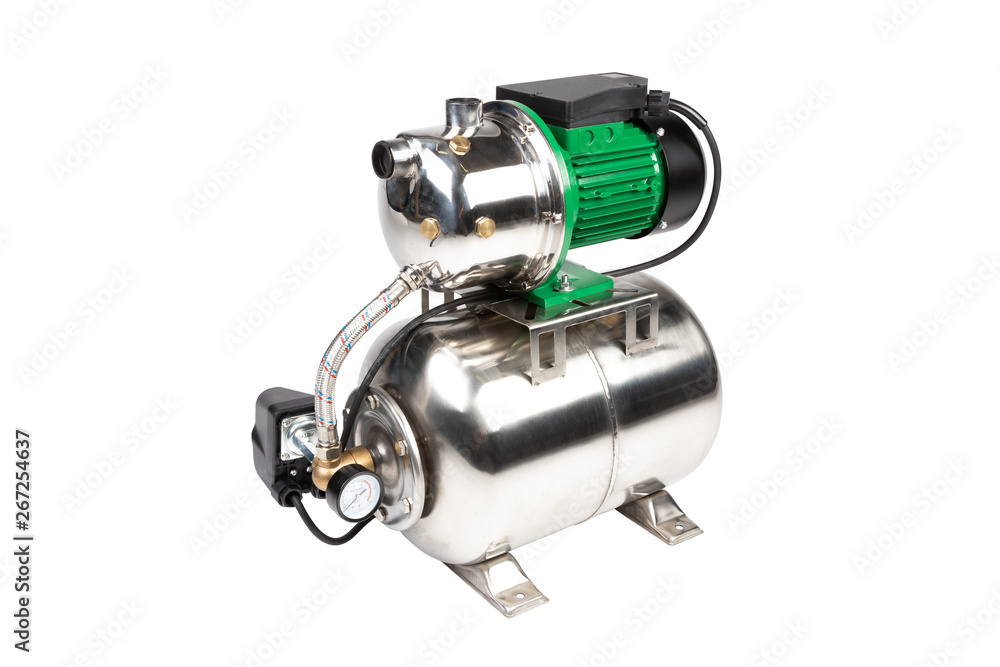 Complete water pressure booster system with centrifugal pump and pressure tank isolated on a white background. Complete water pressure booster system with centrifugal pump and pressure tank isolated on a white background.